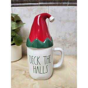 Rae Dunn Deck The Halls Christmas Mug With Elf Hat Lid